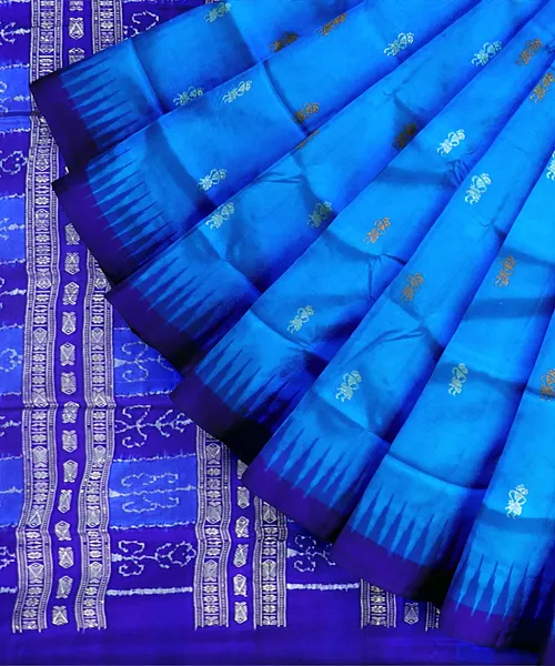 Handloom Bomkai Silk Saree, Cyan Blue